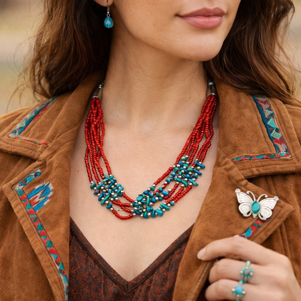 Native American 5 Strand Coral Bead Turquoise Necklace Sterling Silver 17”